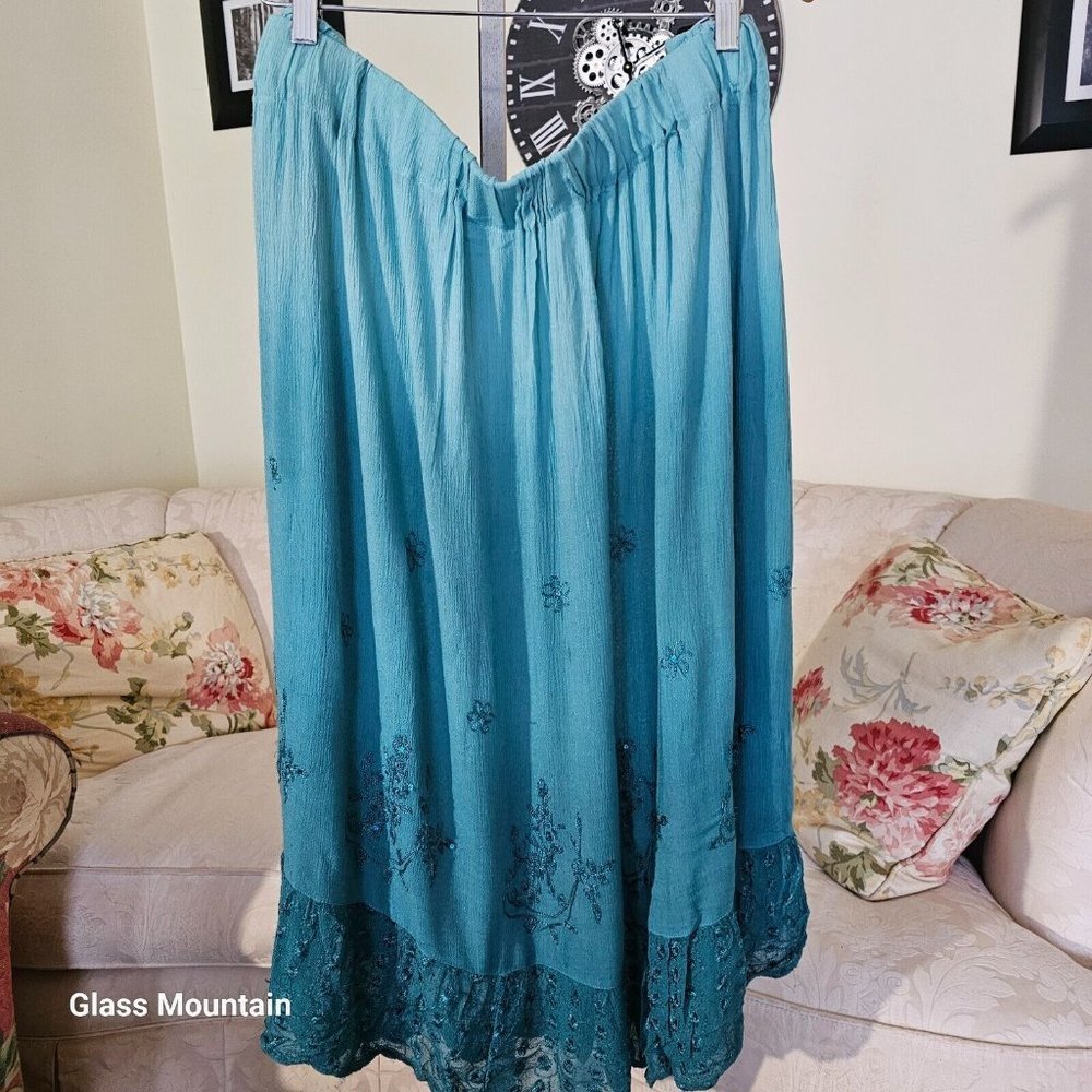 Y2K Vintage Plus Seafoam GreenBlue Boho Gypsy Skirt Embroidered & Sequin Details